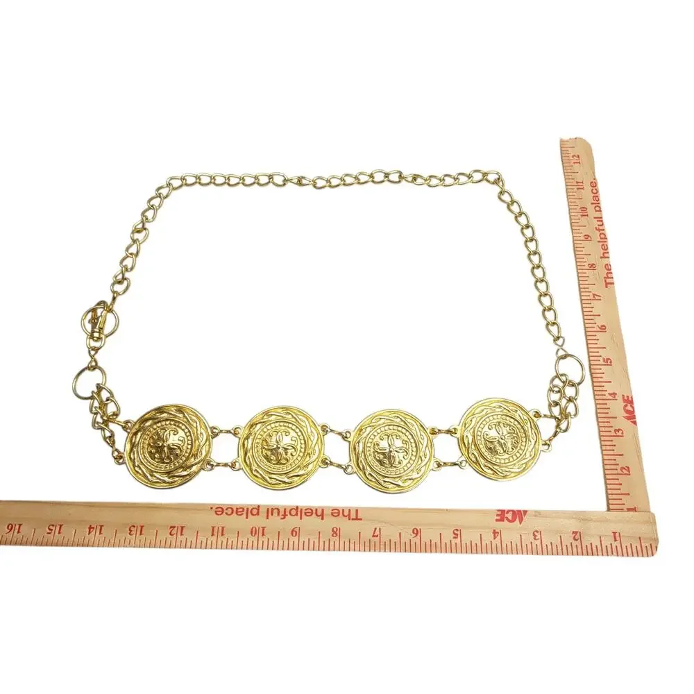 Vintage Gold Tone Medallion Chain Belt Baroque Coin Crest Adjustable Waist